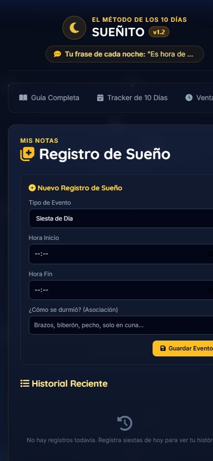 Pantalla real: registro de sueño con historial