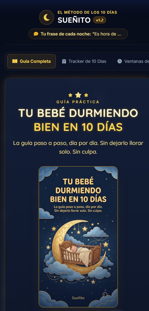 Pantalla real de la App Sueñito: guía de los 10 días con portada ilustrada