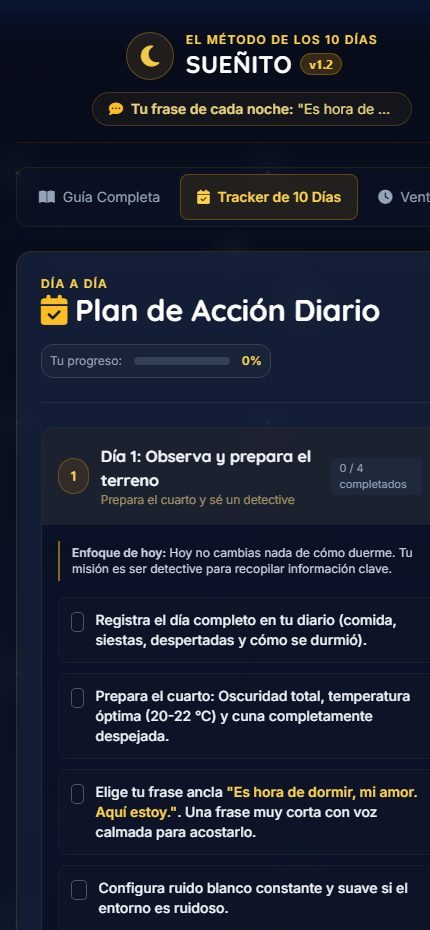 Pantalla real: tracker de los 10 días con plan de acción diario