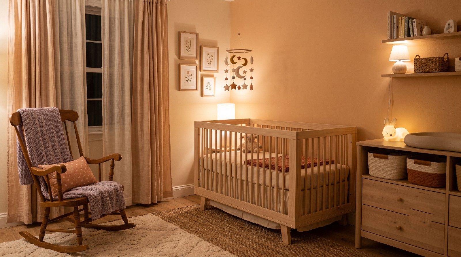 Cuarto de bebé cálido y ordenado, listo para dormir