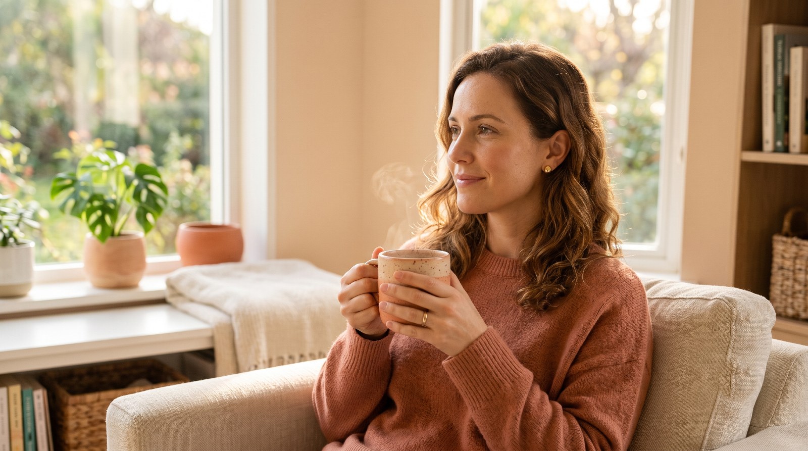 Mamá descansada y serena por la mañana con una taza de café
