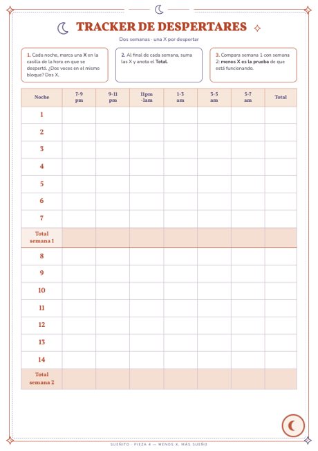Página del kit imprimible: tracker de despertares de dos semanas